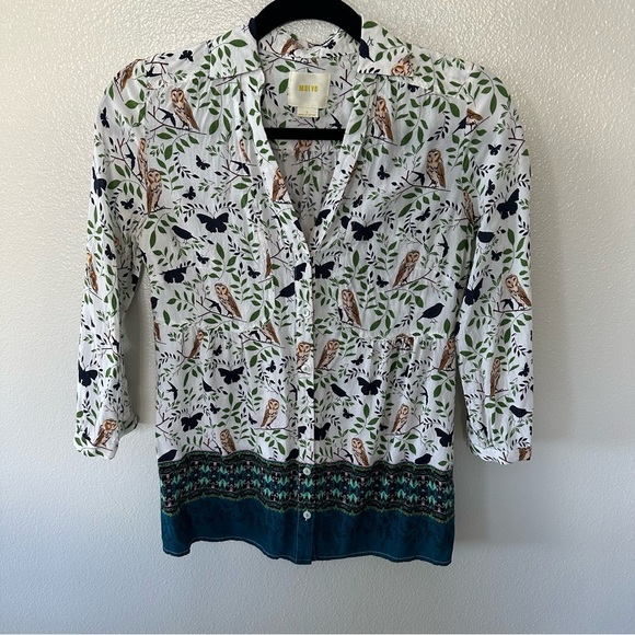 Maeve by Anthropologie Woodland Walk Owl Lightweight 3/4 Sleeve Buttondown, 0 - Picture 4 of 11